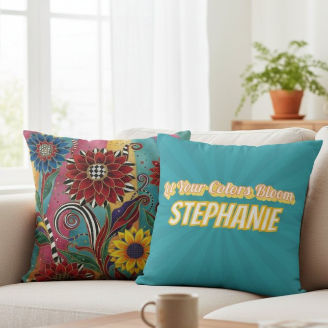 Colorful Whimsical Flowers Art Throw Pillow Kissen (Bright whimsical personalized pillow)