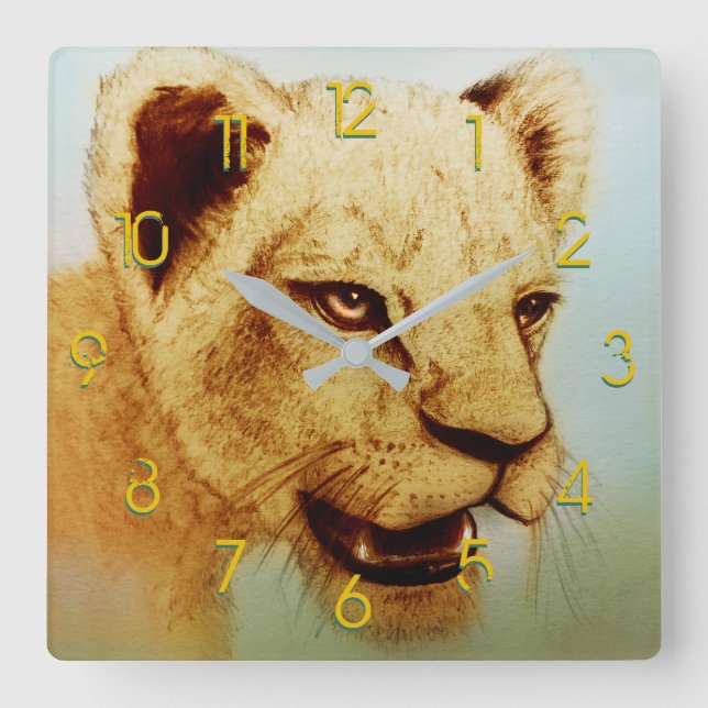 Colorful Wild Animal - Löwe, Square Clock Quadratische Wanduhr (Vorderseite)