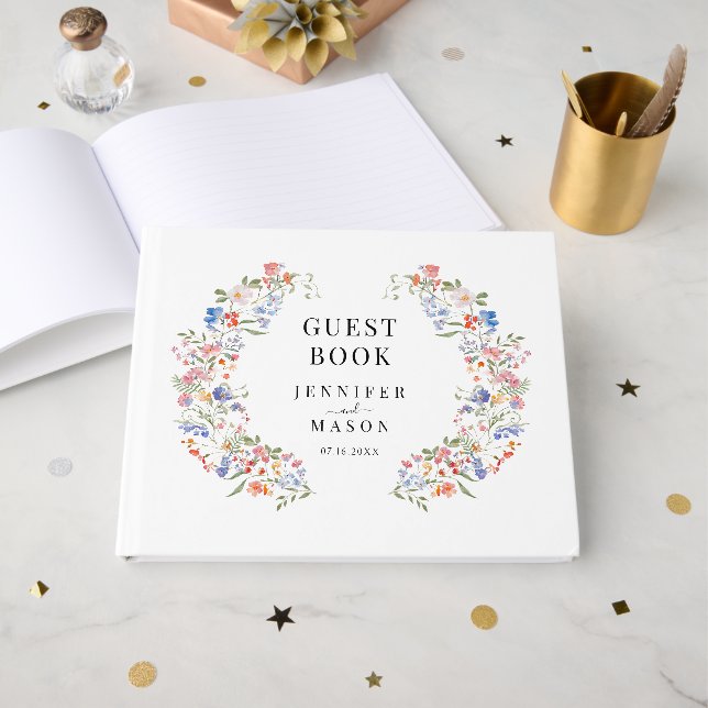 Colorful Wildflower Boho Floral Wedding Guest Book Gästebuch (Vorderseite Offen)