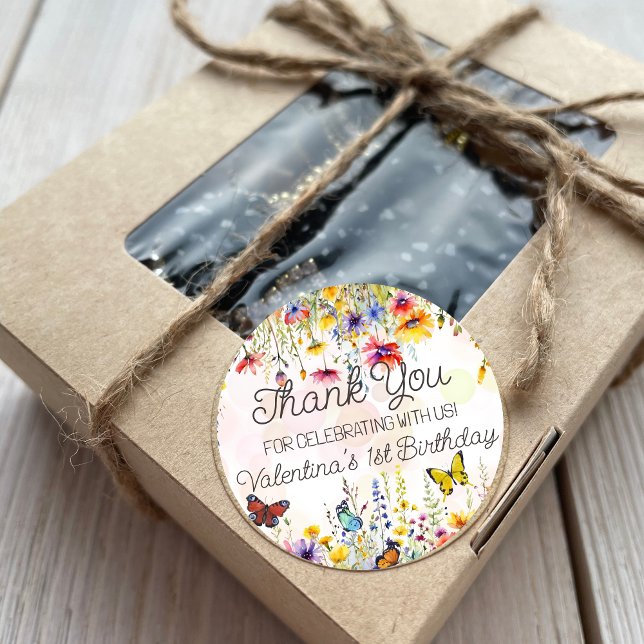 Colorful Wildflowers & Butterflies Birthday Party Runder Aufkleber (Von Creator hochgeladen)
