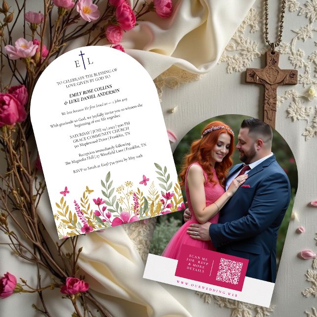 Colorful Wildflowers & Butterflies Faith Wedding Einladung (Romantic Colorful Wildflowers and Butterflies Christian Wedding Invitation Cards with Initials.)