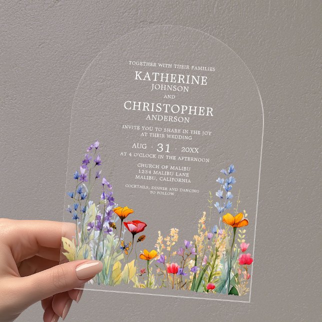 Colorful Wildflowers Elegant Wedding Arch Acryleinladungen (Colorful Wildflowers Elegant Wedding Arch Acrylic Invitation with Couple's First and Last Names.)