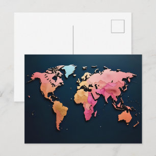 Colorful World Map - Watercolor Reisen Kunst Postkarte