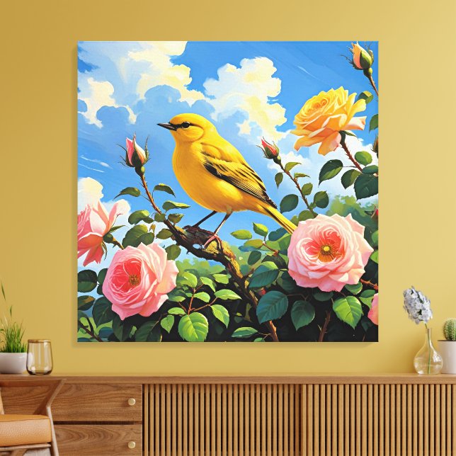 Colorful yellow bird and pretty pink roses leinwanddruck (Insitu (Wohnzimmer))