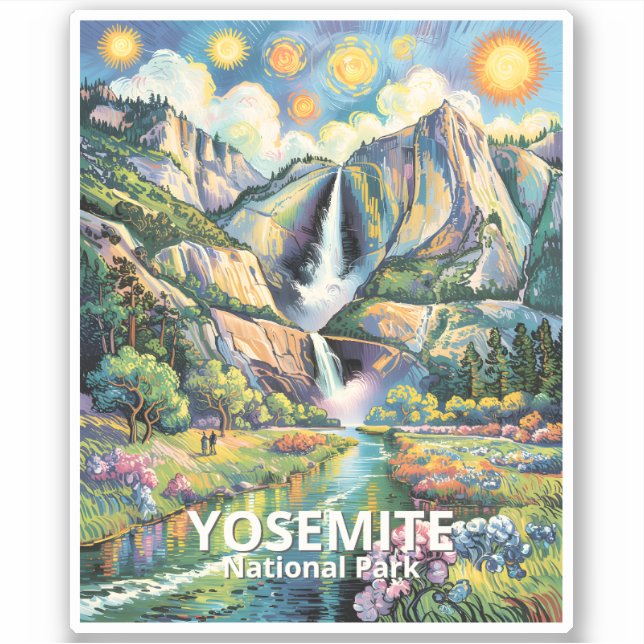Colorful Yosemite Spring Waterfall Hiking Van Gogh Aufkleber (Vorderseite)