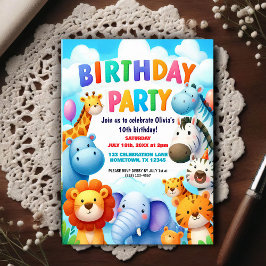 Colorful Zoo Animals Birthday Party Invitation Postkarte