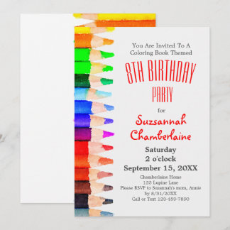 Coloring Theme Rainbow Pencils Kids Birthday Party Einladung