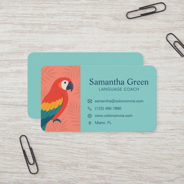 Colorous Parrot Language Tutor Business Card Visitenkarte (Vorderseite/Rückseite Beispiel)