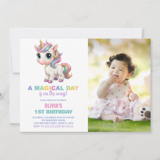Colors Unicorn Geburtstag Einladung mit Foto
