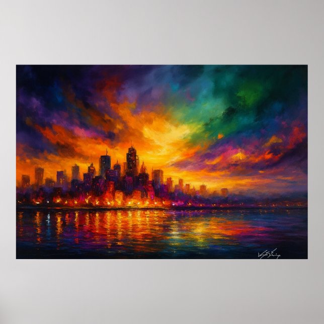 Colorstorm Metropolis Abstrakte Skyline bei Dämmer Poster (Vorne)