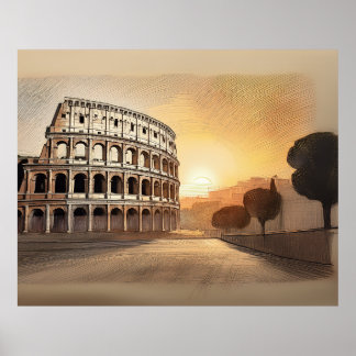 Colosseum structure in rome sketched at sunset poster