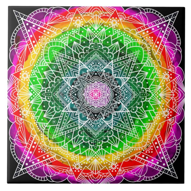 Colour burst Rainbow Prism Mandala Fliese (Vorderseite)