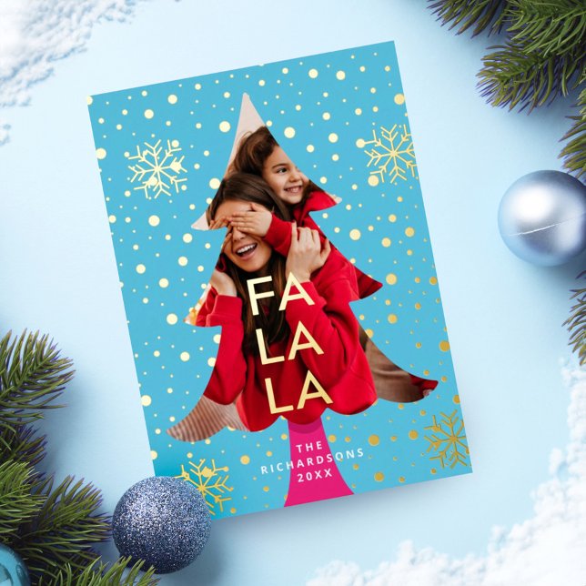 Colourful Bright Neon Fa La Christmas Photo Blue Folieneinladung (Colourful Bright Neon Fa La Christmas Photo Blue Foil Invitation)