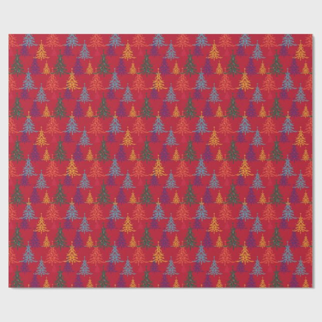 Colourful Christmas Trees Xmas Red Geschenkpapier (Flach)