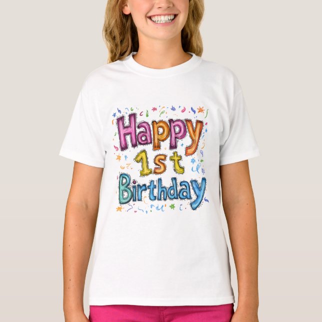 Colourful Happy 1st Birthday Celebration Text T-Shirt (Vorderseite)