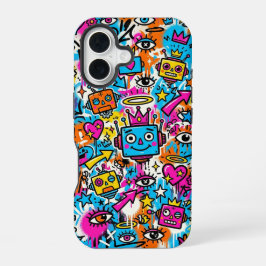 Colourful Neon Robot Pattern iPhone 16 case Hülle