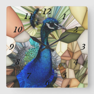 Colourful Peacock Mosaic Clock Quadratische Wanduhr