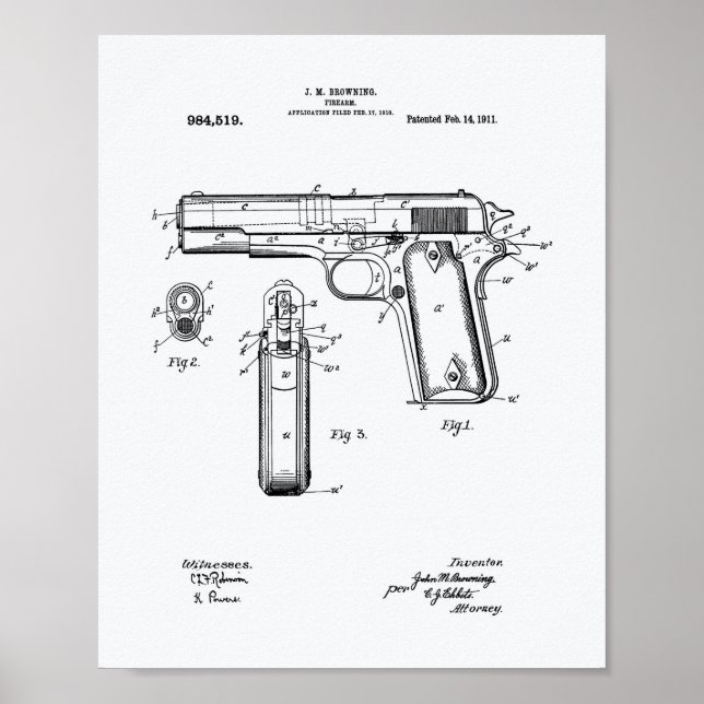 Colt .45 1911 Patent Art - Weißbuch Poster (Vorne)
