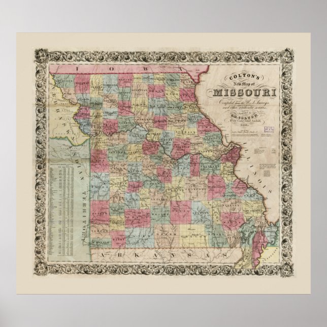 Colton's Map of Missouri (1851) Poster (Vorne)