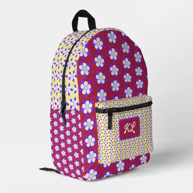 Columbine Backpack Maroon & Yellow Bedruckter Rucksack (Rückseitige Ecke links)