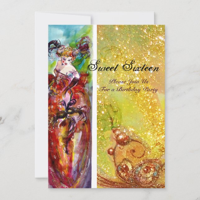 COLUMBINE, Mardi Gras, Sweet 16 Masquerade Party Einladung (Vorderseite)