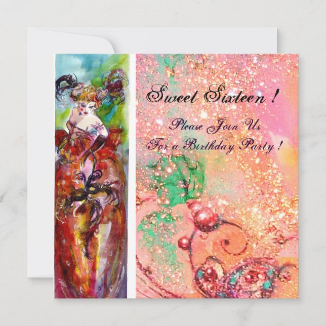 COLUMBINE, Mardi Gras, Sweet 16 Masquerade Party Einladung (Vorderseite)