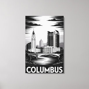 Columbus Ohio Skyline Schwarz Weiß Holzschnitt Leinwanddruck