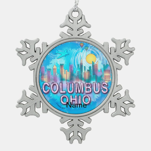 Columbus Skyline Schneeflocken Zinn-Ornament (Vorderseite)