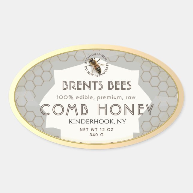 Comb Honey-Label mit Bee Honeycomb Gold Edge Ovaler Aufkleber (Vorderseite)