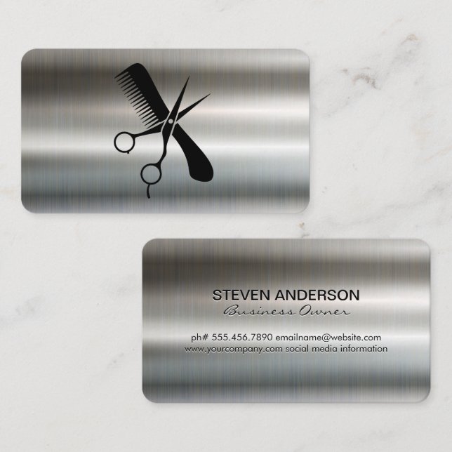 Comb Scissors | Barber | Metallic Background Visitenkarte (Vorne/Hinten)