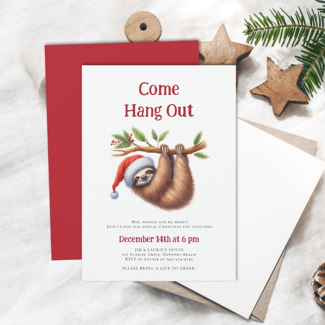 Come Hang Out Sloth Branch Funny Christmas Party Einladung (come hang out funny sloth christmas party invitation family winter holiday cute minimalist modern)