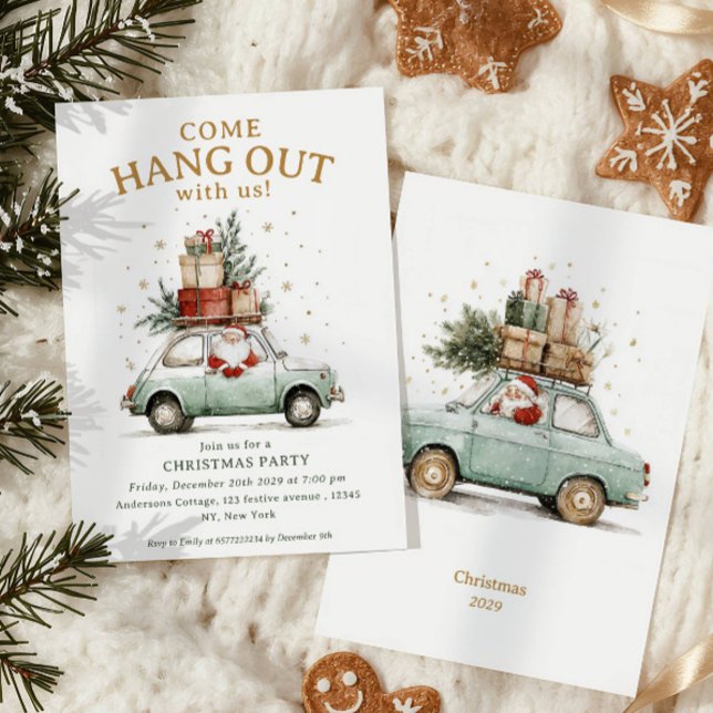 Come hang out Whimsical Santa car Christmas Party Einladung (Von Creator hochgeladen)