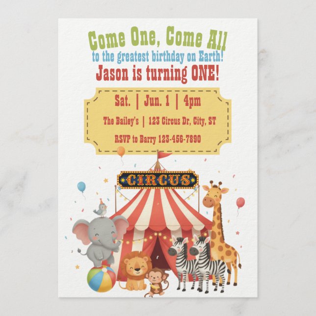 Come One, Come All, Greatest 1st Circus Birthday Einladung (Vorderseite)