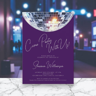 Come party purple modern disco ball birthday einladung
