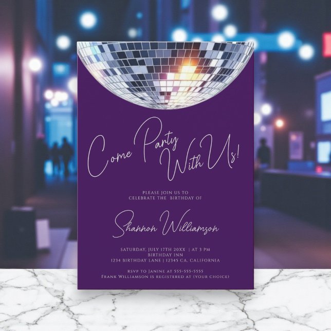 Come party purple  modern disco ball birthday  einladung (Von Creator hochgeladen)