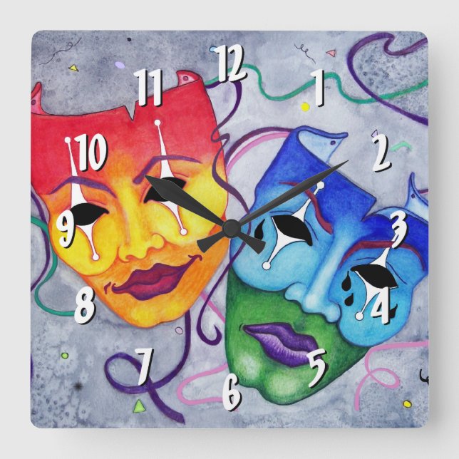Comedy and Tragedy Square Wall Clock Quadratische Wanduhr (Vorderseite)