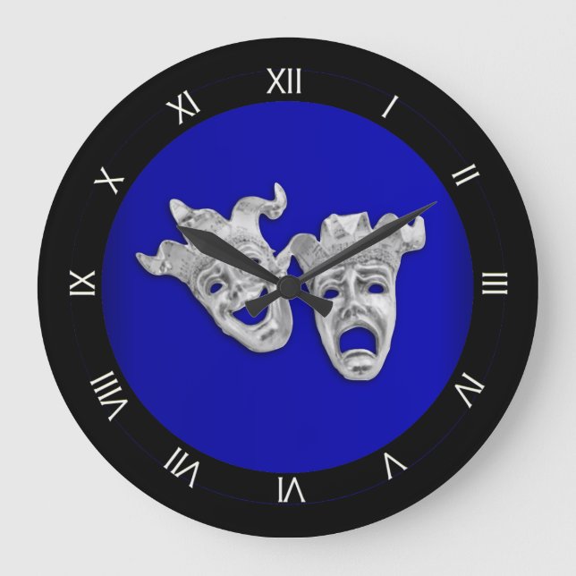 Comedy and Tragedy Theater Masken Cobalt Große Wanduhr (Vorderseite)