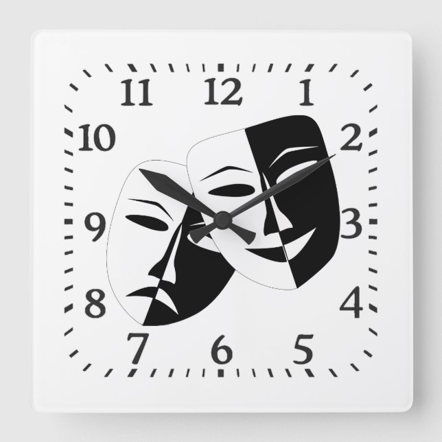Comedy Tragedy Black and White Theater Maske Quadratische Wanduhr (Vorderseite)