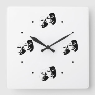 Comedy Tragedy Black and White Theatre Mask Squar Quadratische Wanduhr