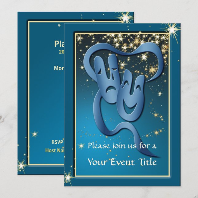 Comedy Tragedy Blue Theater Mask Custom Einladung (Vorne/Hinten)