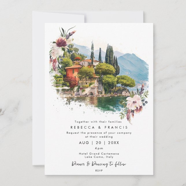 Comer See, Italien florals Einladung zur Hochzeit (Vorderseite)