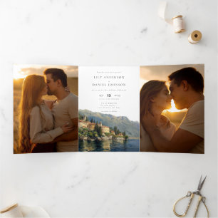 Comer See Italien QR Code 3 Foto Hochzeit Dreifach Gefaltete Einladung