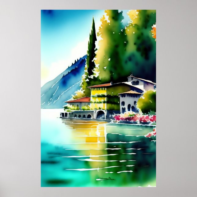 Comer See (Lago di Como) Aquarellmalerei Poster (Vorne)