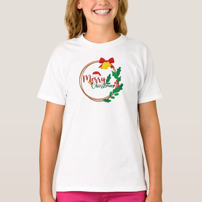 Comfort Colors® Girls Merry Christmas Wreath Tee  (Vorderseite)