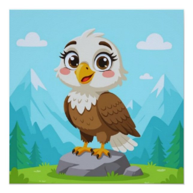 Comic-Adler auf Felsen – Süßer Vektor-Charakter Poster (Vorderseite)