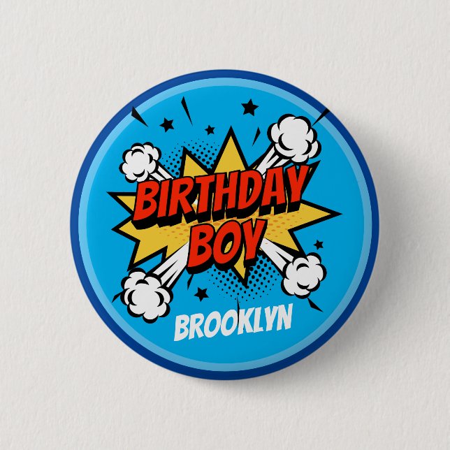 Comic Art Birthday Boy Typografie Button (Vorderseite)