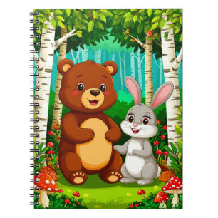 Comic-Bär und -Kaninchen sitzen in einem üppigen W Notizblock