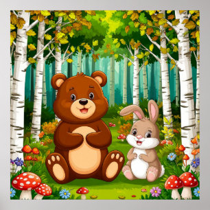 Comic-Bär und -Kaninchen sitzen in einem üppigen W Poster
