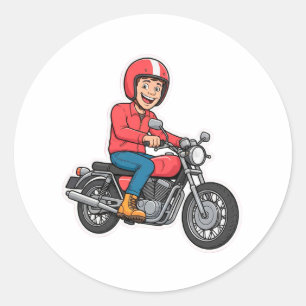 Comic-Biker auf einem Motorrad  Runder Aufkleber