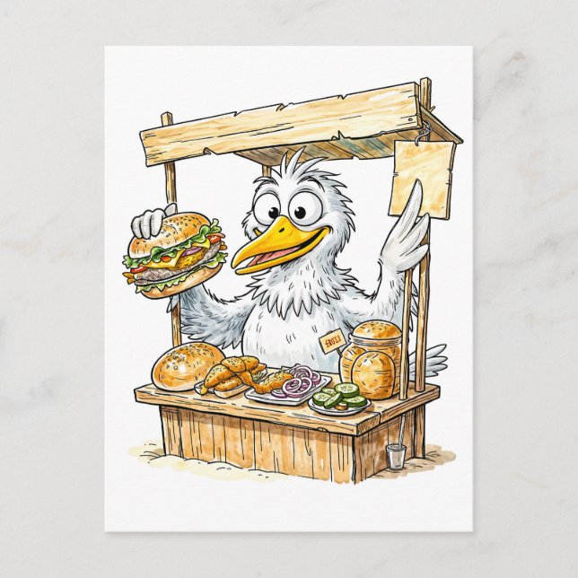 Comic Bird at Fish Stand Postkarte (Vorderseite)
